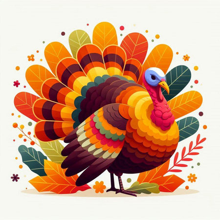 Vector illustration of a turkey on a background of autumn leaves and flowers