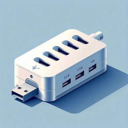USB charger on blue background. 3D rendering. Computer digital drawing.