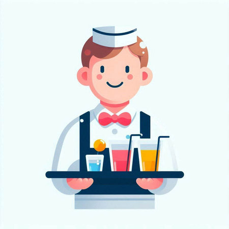Cute cartoon bartender in uniform holding tray with drinks. Vector illustration