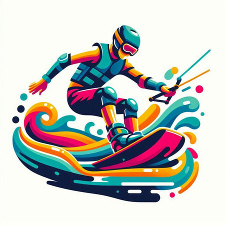 Snowboarder rides on the waves. Colorful vector illustration.