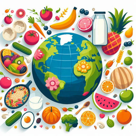 Healthy food concept. Planet Earth with fruits and vegetables. Vector illustrationの写真素材