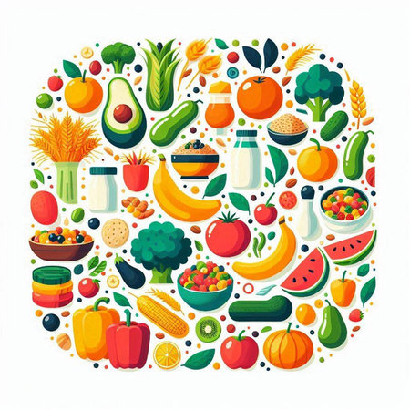Fruits and vegetables icons in circle shape. Healthy food concept.の写真素材