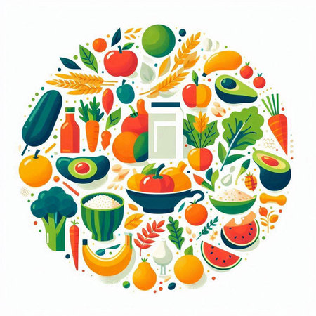 Vegetables and fruits in circle shape. Healthy food concept. Vector illustration.の写真素材