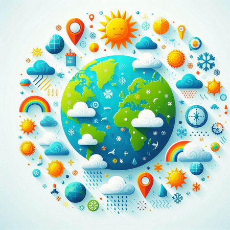 Vector illustration of planet earth with different weather icons in paper cut styleの写真素材