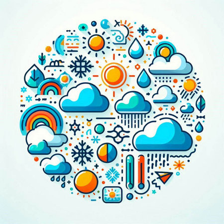 Weather concept with thin line icons: sun, rain, snow, wind, moon, snowflakes. Vector illustrationの写真素材