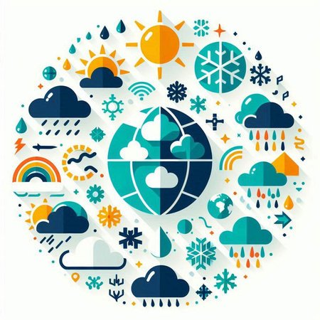 Flat design of the sun, snowflakes, clouds, snow, sun and rain. Vector illustration.の写真素材