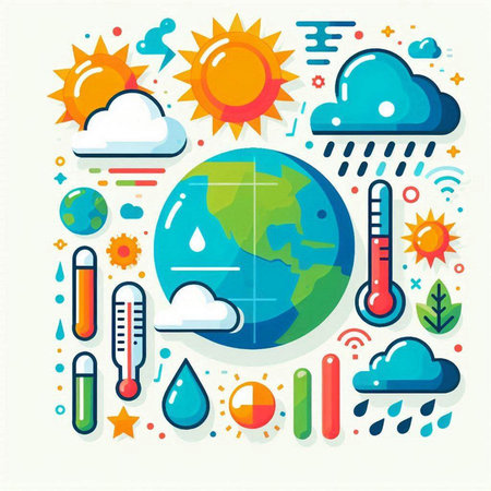Globe, sun, rain, cloud, thermometer, weather, climate change, vector illustrationの写真素材