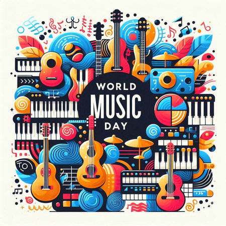 World music day poster design with musical instruments and notes. Vector illustrationの写真素材