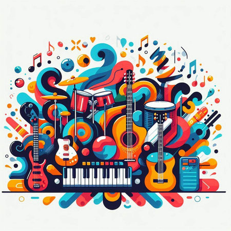 Musical instruments on abstract colorful background with musical notes. Vector illustration.の写真素材