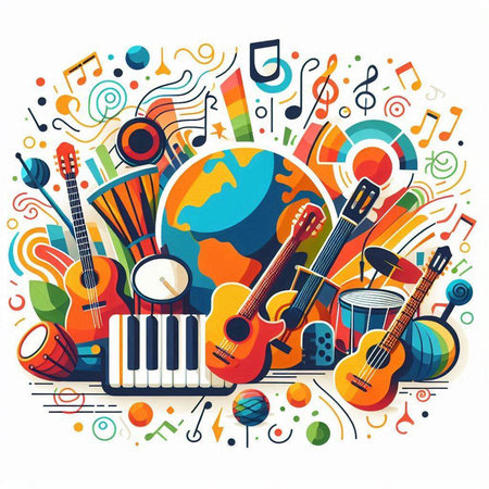 Music background with musical instruments. Vector illustration in flat design style.の写真素材