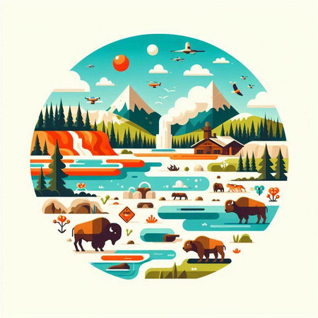 Mountain landscape with forest, lake, mountains and wild animals. Vector illustration.の写真素材