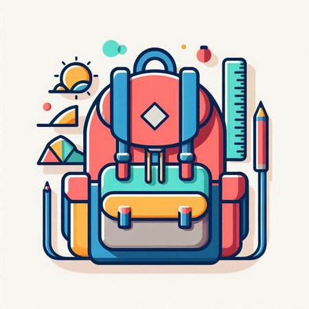 School backpack and school supplies. Vector illustration in thin line style.の写真素材