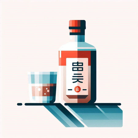 Bottle and glass of whiskey. Vector illustration in flat style.
