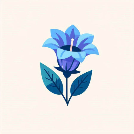 Blue flower with leaves isolated on white background. Vector illustration in flat style.の写真素材
