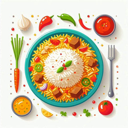 Rice dish with vegetables and sauce on a white background. Vector illustration.の写真素材