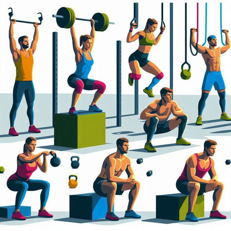 Vector illustration of a group of people exercising with barbells.