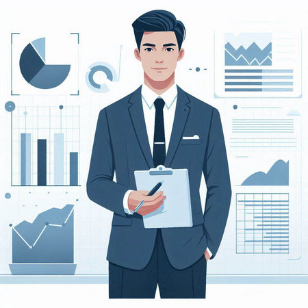 Businessman in a business suit with a clipboard and pen. Vector illustration.の写真素材