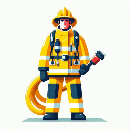 Firefighter in uniform and helmet with fire hose. Flat vector illustration.