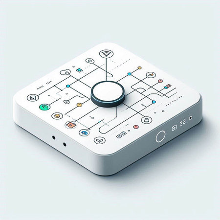 Smart home control panel with icons and buttons on a white background.