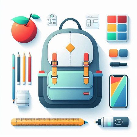 Back to school concept with backpack and school supplies. Vector illustration.