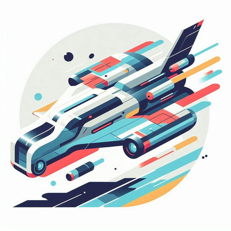 Vector illustration of a flying car on a background of colored stripes.の写真素材