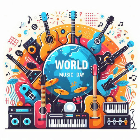 World music day poster with guitar, vinyl record, synthesizer, planet earth and musical instruments. Vector illustrationの写真素材