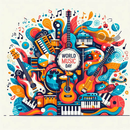 Musical instruments background. Colorful vector illustration in flat style.の写真素材