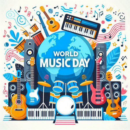 World music day poster design with musical instruments. Vector Illustration.の写真素材