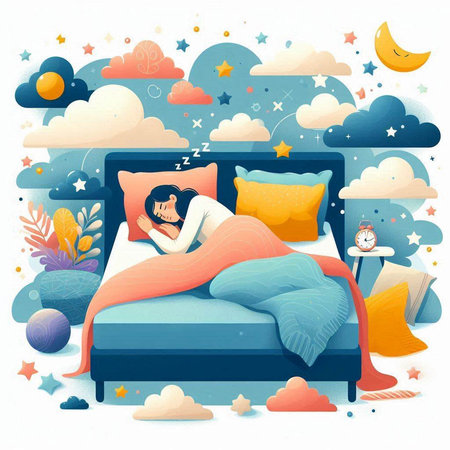 Vector illustration of a boy sleeping in the bed with a pillow.の写真素材