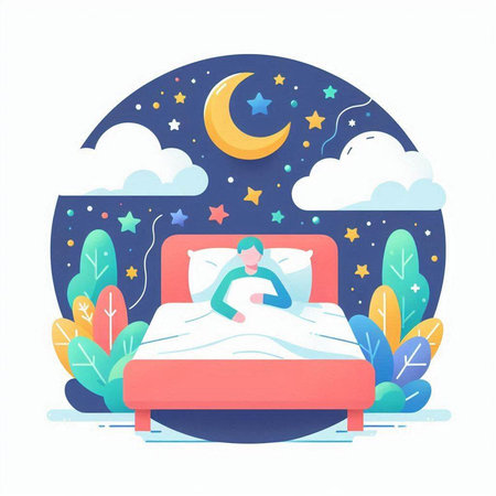 Young man sleeping in bed in the night. Vector illustration in flat styleの写真素材