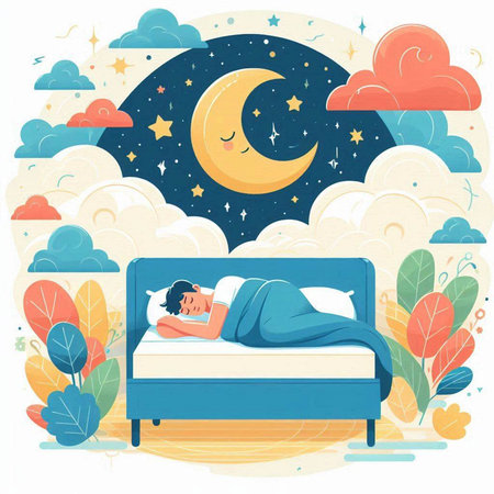 Vector illustration of a boy sleeping in the bed with the moon in the backgroundの写真素材