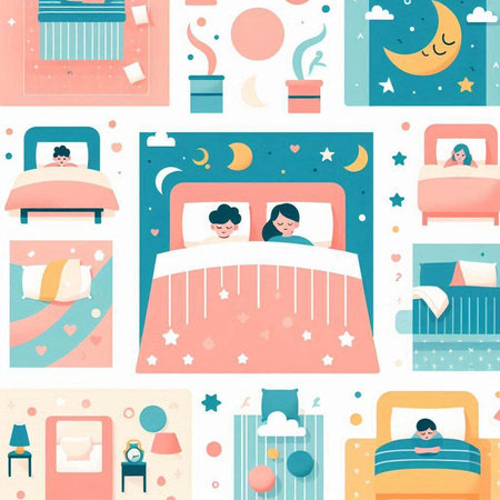 Cute cartoon bedtime illustration. Bedroom seamless pattern. Vector illustration.の写真素材
