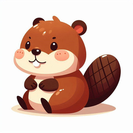 Cute cartoon beaver sitting on the ground. Vector illustration.の写真素材