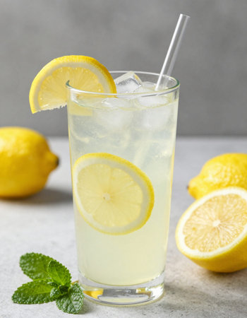Refreshing lemonade with ice and lemon slices on light background