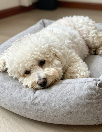 Cute white poodle lying on a dog bed at home.