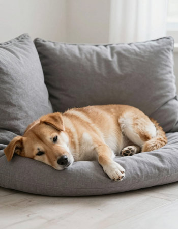 Golden retriever dog lying on a gray beanbag at homeの写真素材