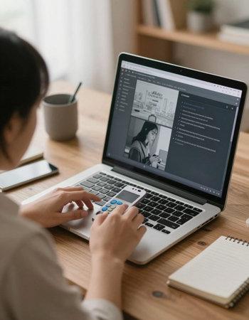 Woman working on laptop computer at home office. Freelance business concept.
