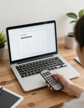 Woman using laptop and remote control to pay for utility bills online.