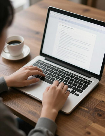 Close-up image of female hands typing on laptop keyboard at wooden table in cafe