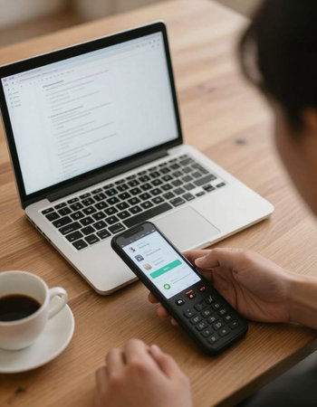 Man using mobile phone and laptop computer at table in coffee shop.