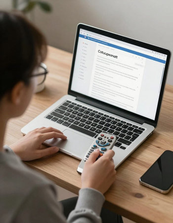 Woman using a laptop computer for online shopping. Close up view of female hands holding remote...