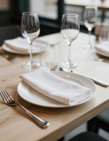 Restaurant table setting with plates, napkins and cutlery