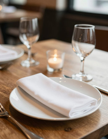 Elegant table setting with white linen napkin and candle in restaurant