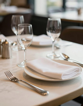 restaurant table set with cutlery, napkin and wine glasses