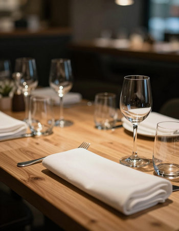 Restaurant table setting with cutlery, napkins and glassesの写真素材