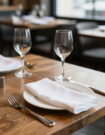 Table setting in a restaurant. Empty plates, napkin, fork and knife.