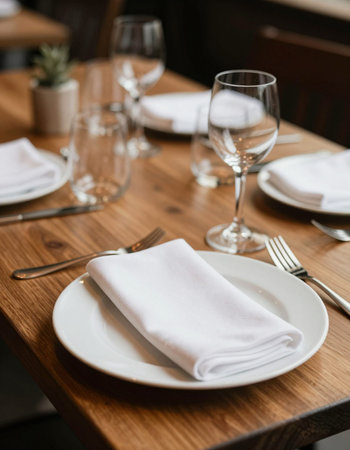 Table setting with white napkin and glasses on wooden table in restaurant