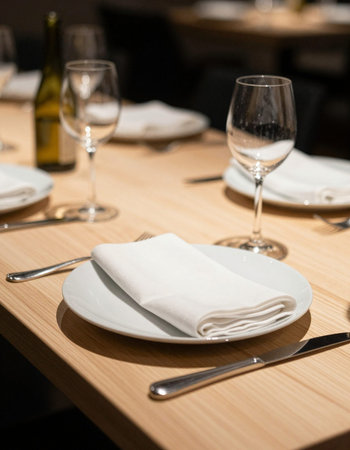 Table setting in a restaurant with white napkin and wine glasses.