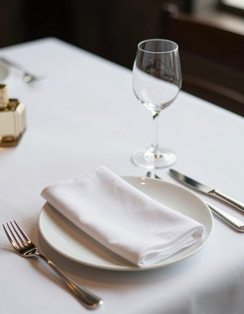 Restaurant table setting with white napkin and silver cutleryの写真素材
