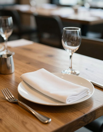 restaurant table setting with napkin and wine glass in restaurant